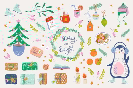 Big Christmas set of holiday symbols. Cute penguin, Christmas tree, gifts. Beautiful bright palette. Vector illustration in childish hand drawn style.