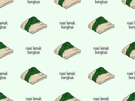 Nasi lemak bungkus cartoon character seamless pattern on green background vector