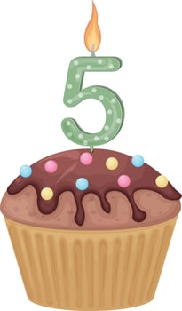 A cake with a candle in the form of the number five. Birthday muffin. Sweet festive dessert. Vector illustration isolated on a white background