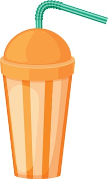 An image of a paper cup with a straw. A plastic cup for fast food. A cup for drinks in orange color with a straw. Vector illustration isolated on a white background