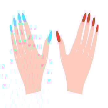Vector illustration of two female hands with red and blue nails on a white background. Perfect for beauty, salon and whitening cream logos.