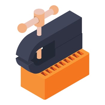 Locksmith equipment icon isometric vector. Bench vise on brown brick block icon vector