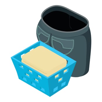 Washed clothes icon isometric vector. Basket with clean linen and gray trousers vector