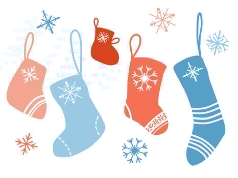 Collection of colorful blue and red Christmas stockings and doodle snowflakes in. Vector flat illustration. Simple set of flat design elements.