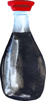 Glass bottle with soy sauce asian food watercolor isolated illustration vector