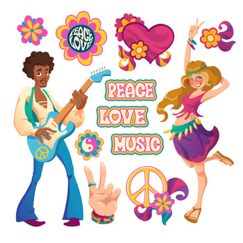 Hippie people, signs of peace, love and music vector