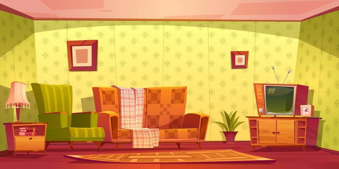 Vintage interior of living room with couch and tv vector