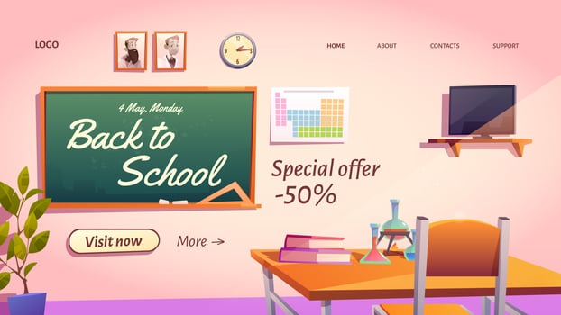 Back to school cartoon landing with special offer vector