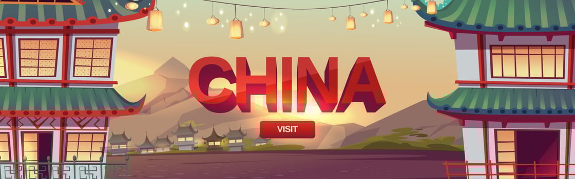 Visit China web banner, travel to Chinese village vector