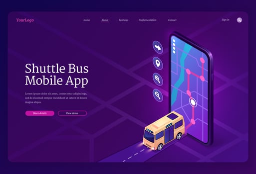 Shuttle bus mobile app isometric landing page vector