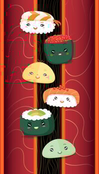Various kawaii Sushi, rolls, nigiri. Hand drawn colored Vector set. Japanese cartoon style. Trendy illustration. All elements are isolated