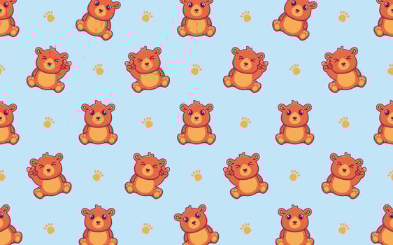 Seamless pattern with cute brown bear sitting and showing peace sign hand, vector illustration