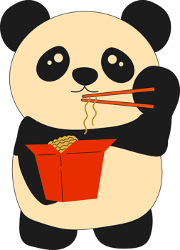 Cute panda eating noodles and uses chopsticks. Ramen. Asian food. PNG