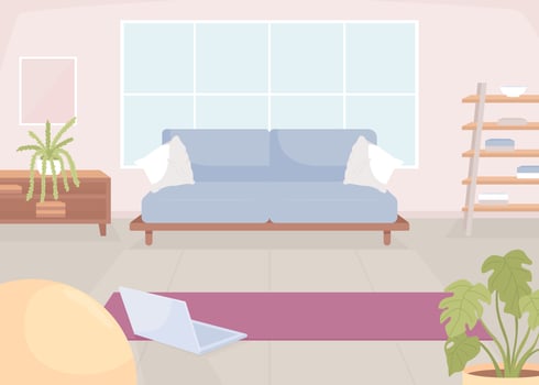 Laptop and yoga mat on floor flat color vector illustration. Preparation for online training at home. Sports exercises. Fully editable 2D simple cartoon interior with living room on background