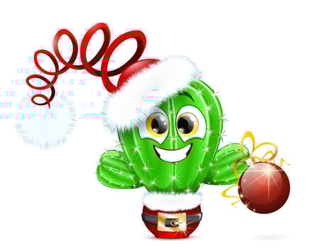 Funny cactus character in Santa Claus hat with hanging Christmas ornament and Christmas lights in a pot, decorated like Santa costume vector