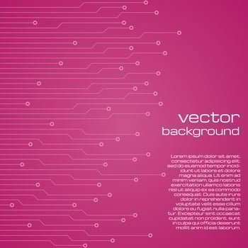 Abstract technological pink background with elements of the microchip. Circuit board background texture. Vector illustration.