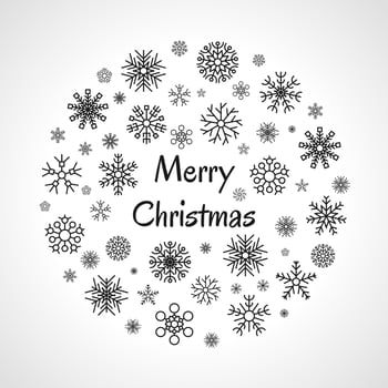 Christmas round banner with dark snowflakes on white background and inscription Merry Christmas. Vector illustration