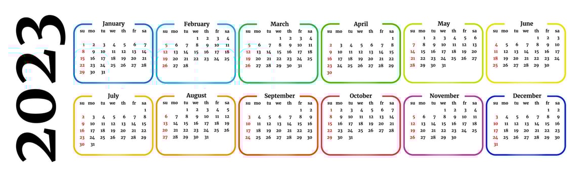 Horizontal calendar for 2023 isolated on a white background. Sunday to Monday, business template. Vector illustration