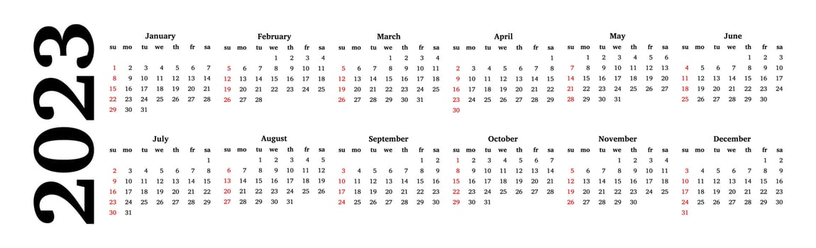 Horizontal calendar for 2023 isolated on a white background. Sunday to Monday, business template. Vector illustration