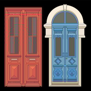 Set of old door vector art.  Old door isolated on bacl background. old door in style vector. for coloring book