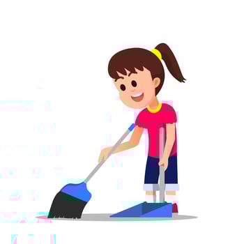 a little girl sweeps the floor to clean it from dust vector
