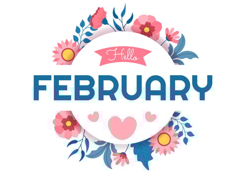 Hello February Month with Flowers, Hearts, Leaves and Cute Lettering for Decoration Background in Flat Cartoon Hand Drawn Templates Illustration vector