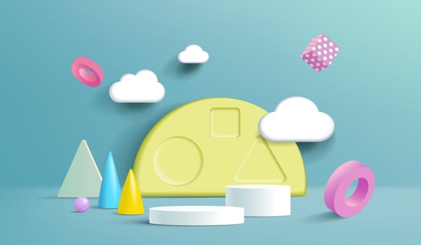 3d podium on colorful background abstract geometric shapes with cute rainbow, kids product display vector