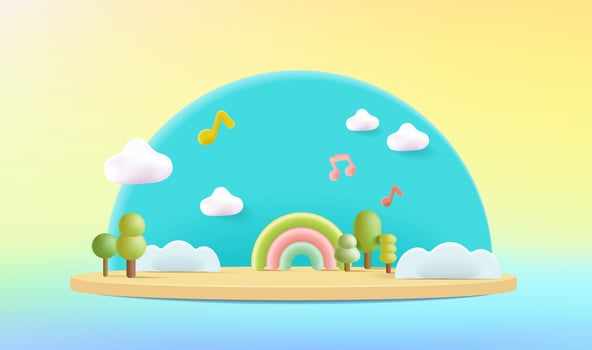 3d podium on colorful background abstract geometric shapes with cute rainbow, kids product display vector