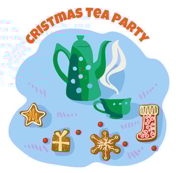 Cozy Christmas composition with coffee pot, cute cup and tasty Gingerbread cookies. Design for Christmas and New Year card, poster, banner, postcard, print. Vector illustration.