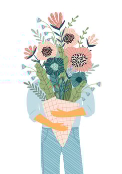 Isolated illustration of man with bouquet of flowers. Vector design concept for Valentines Day and other use.