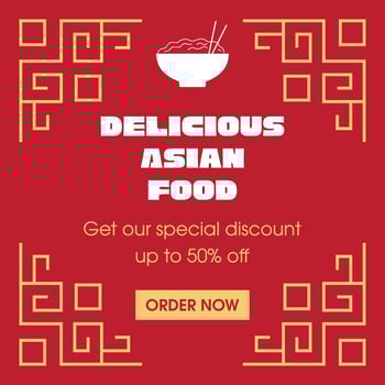 Delicious Asian food post template for social media. Advertising red square banner with yellow ornaments vector