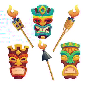 Tiki masks, hawaiian tribal totem and torches vector