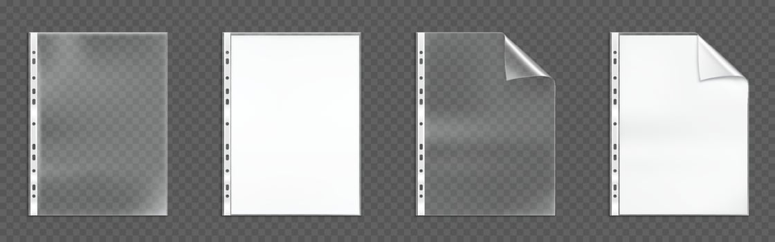 Plastic punched pockets, empty folders mock up set vector