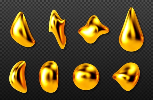 Liquid gold drops, golden 3d abstract drips set vector