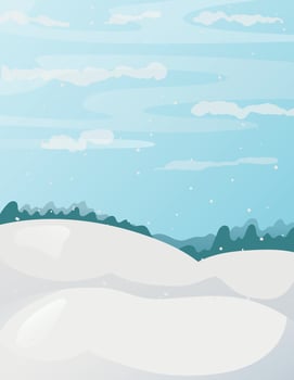 Vector winter landscape. Fields and hills with snow and drifts, forest on the horizon.