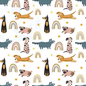 Dogs and rainbows. Seamless pattern, vector illustration