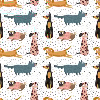 Dogs pug, doberman, dolmatian, dachshund. Seamless pattern, vector illustration