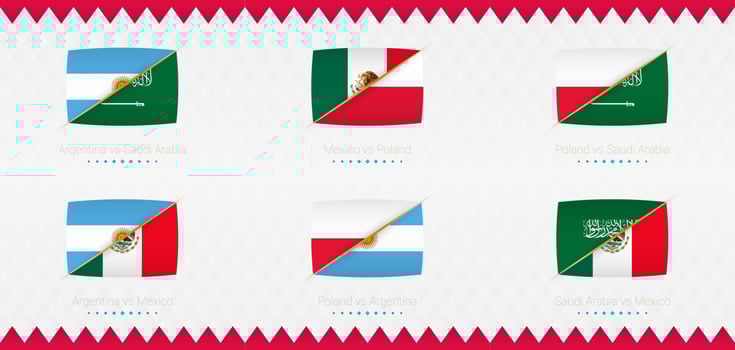 A set of Group C match icons of the 2022 international soccer tournament, the flag and a set of match icons on an abstract background. vector