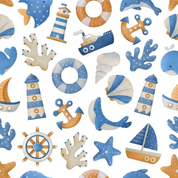 Nautical seamless pattern. Hand drawn watercolor marine baby background for nursery print, kids fabric, textile. vector