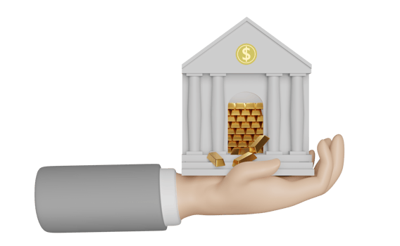 businessman hands holding bank or tax office building with gold bar money bag isolated. bank financing, money exchange concept, 3d illustration or 3d render png