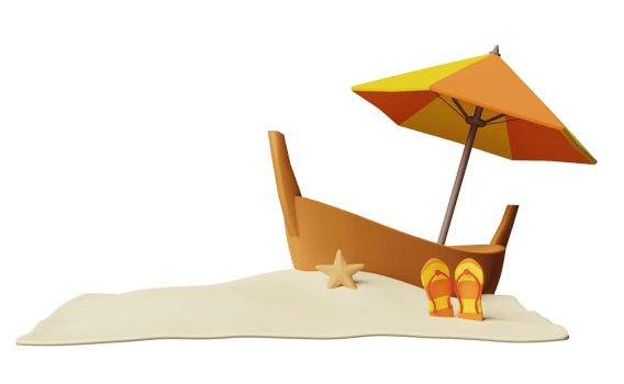 summer travel with ship or boat, sandals, starfish, cloud, umbrella, island, sea waves isolated. concept 3d illustration or 3d render png