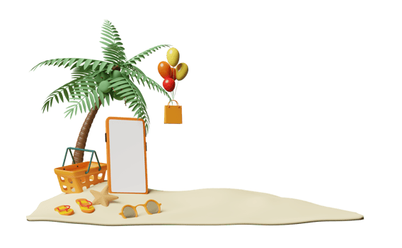 mobile phone, smartphone with balloon, palm, shopping paper bags, basket, sandals, starfish, sunglasses, bokeh isolated. shopping summer sale concept, 3d illustration or 3d render png