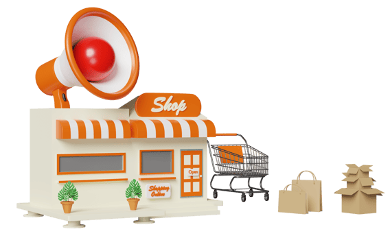 shop store front with megaphone, hand speaker, paper bags, shopping cart, goods cardboard box,leaf monstera, light bulb isolated. startup franchise business concept, 3d render png