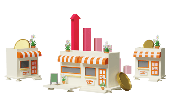 building shop store cafe with arrow, bar graph, coins, store front sign, flowerpot isolated. startup franchise business concept, 3d illustration or 3d render png