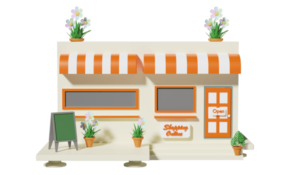 building shop store cafe with store front sign, flowerpot isolated. startup franchise business concept, 3d illustration, 3d render png