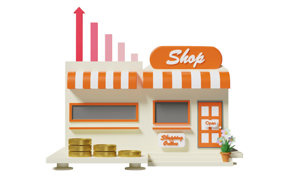 building shop store cafe with arrow, bar graph, coins,store front sign, flowerpot isolated. startup franchise business concept, 3d illustration or 3d render png