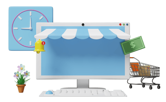 computer monitor with store front, shopping cart, clock, goods cardboard box, banknote, flowerpot isolated. online shopping concept, 3d illustration or 3d render png