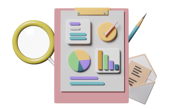 charts,graph with analysis business financial data, white clipboard checklist, open envelope, magnifying, pencil isolated. business strategy concept, 3d illustration or 3d render png
