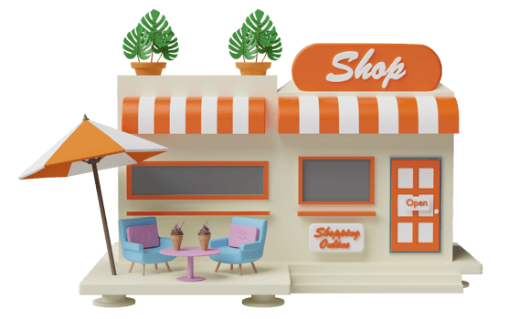 building shop store cafe with coffee table, umbrella isolated. startup franchise business concept, 3d illustration or 3d render png
