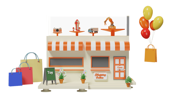 building shop store cafe with toy showcase, store front sign, flowerpot, shopping paper bag isolated. startup franchise business concept, 3d illustration, 3d render png
